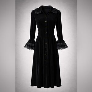 Vintage Style Witchy Velvet Lace Midi Dress Sz M Gothic Victorian Dark Academia